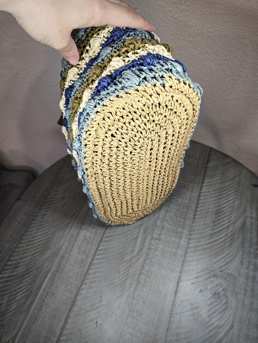 Brighton Woven Striped Crochet Tote Bag in Blue, Green & Cream - Picture 9 of 14